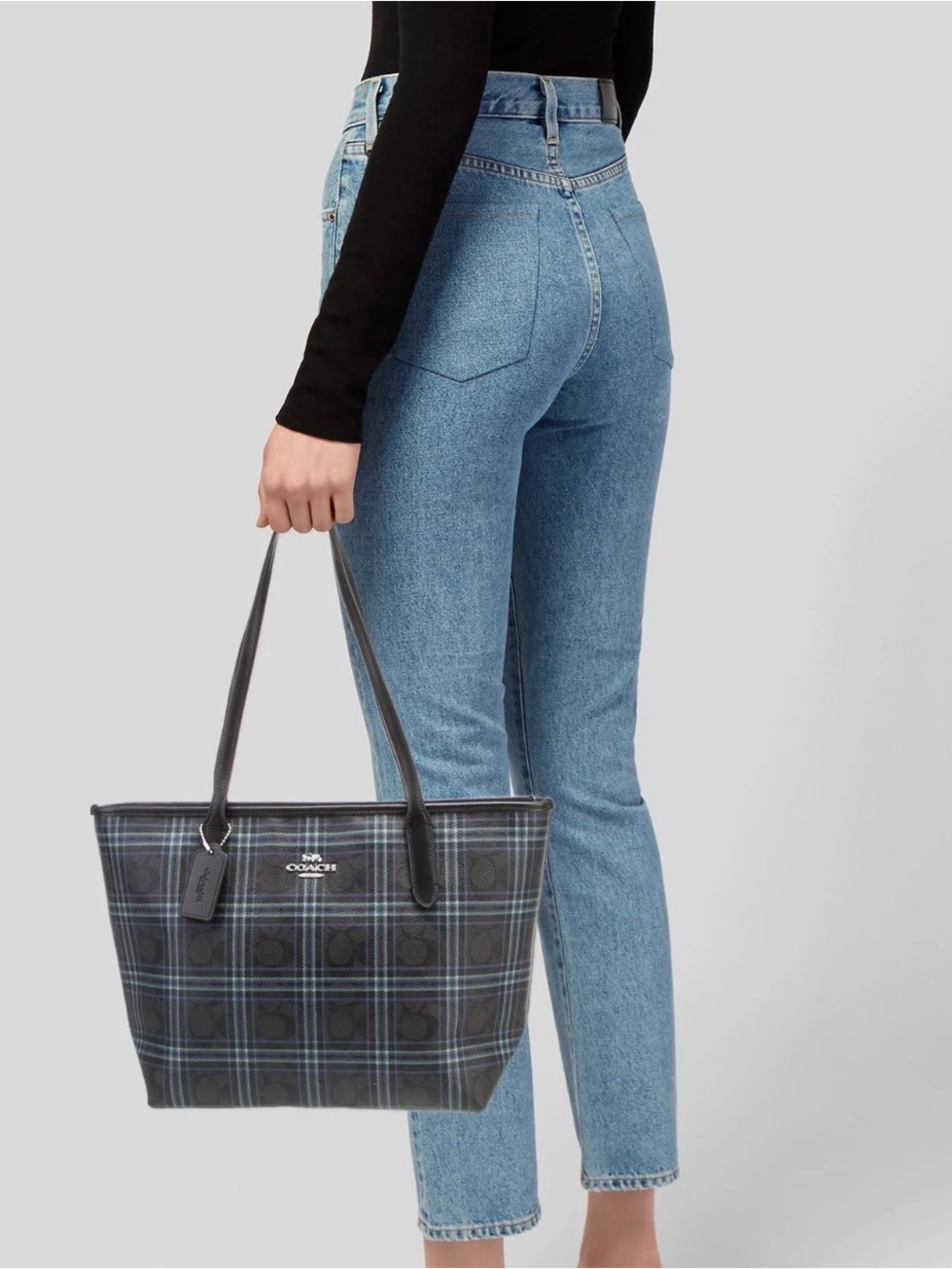 COACH Signature Shirting Plaid City Tote Ocean Blue Multi F80028